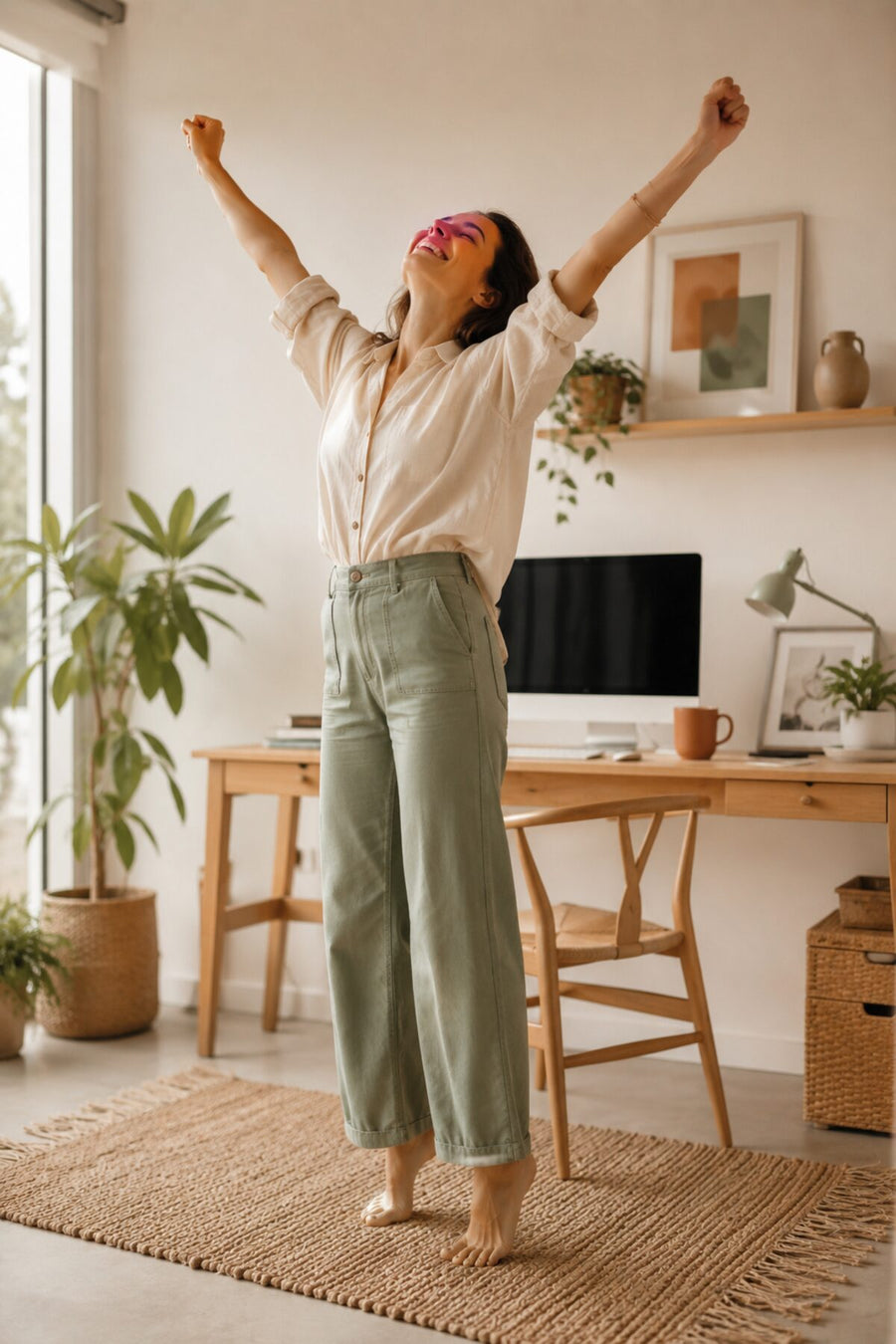 Femme épanouie dans son espace de travail ergonomique à la maison