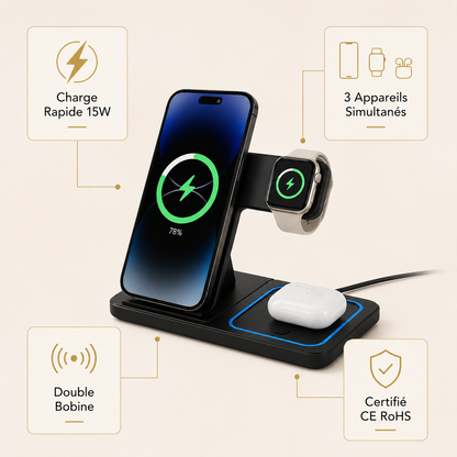 Chargeur Sans Fil 3 en 1 iPhone Apple Watch AirPods 15W Rapide