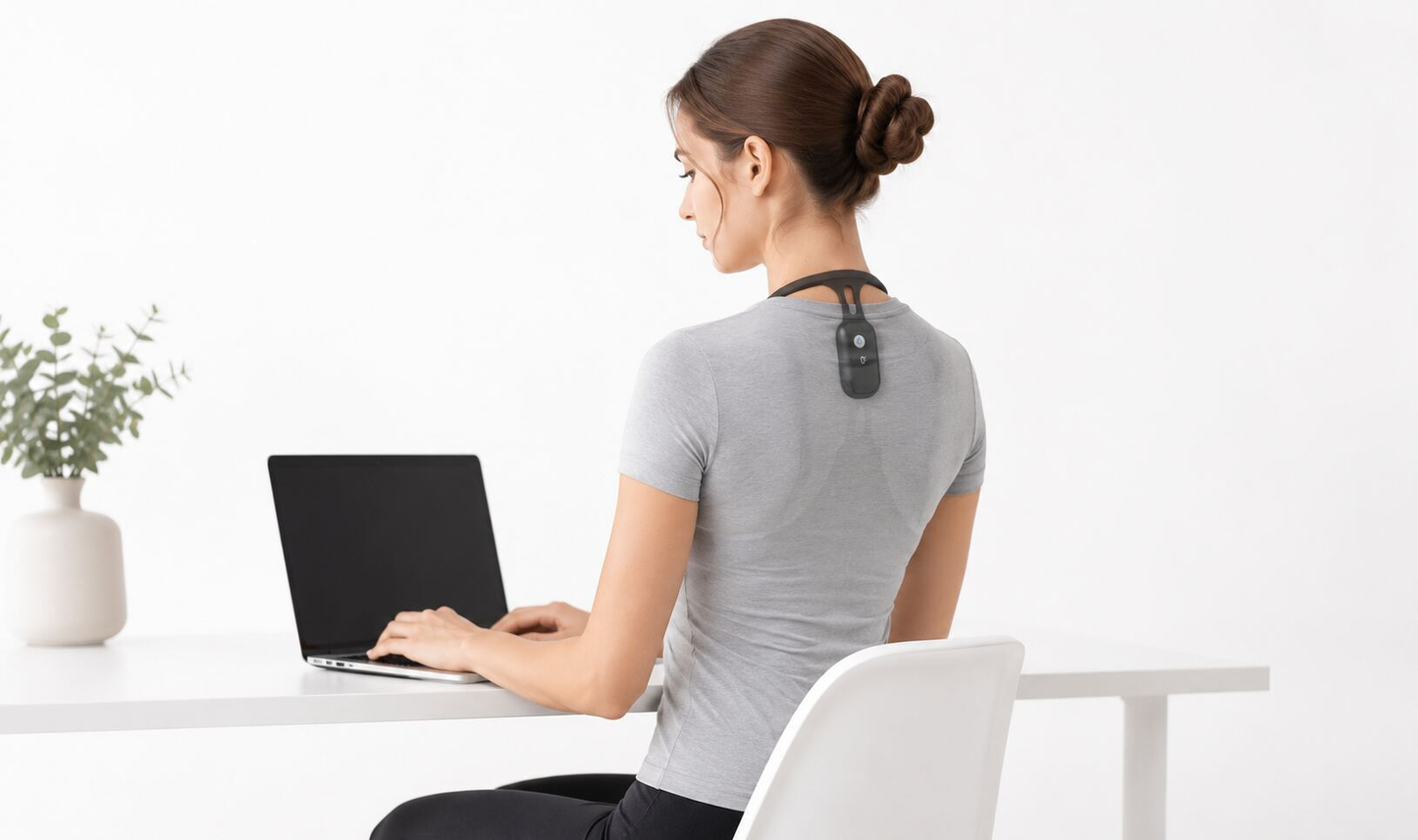 Femme portant le correcteur de posture dos et nuque vibrant TOPAZE en travaillant sur son ordinateur portable